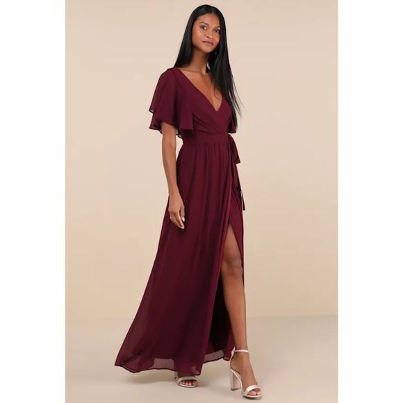 NEW Lulus Convincing Grace Burgundy Flutter Sleeve Wrap Maxi Dress - Picture 3 of 13